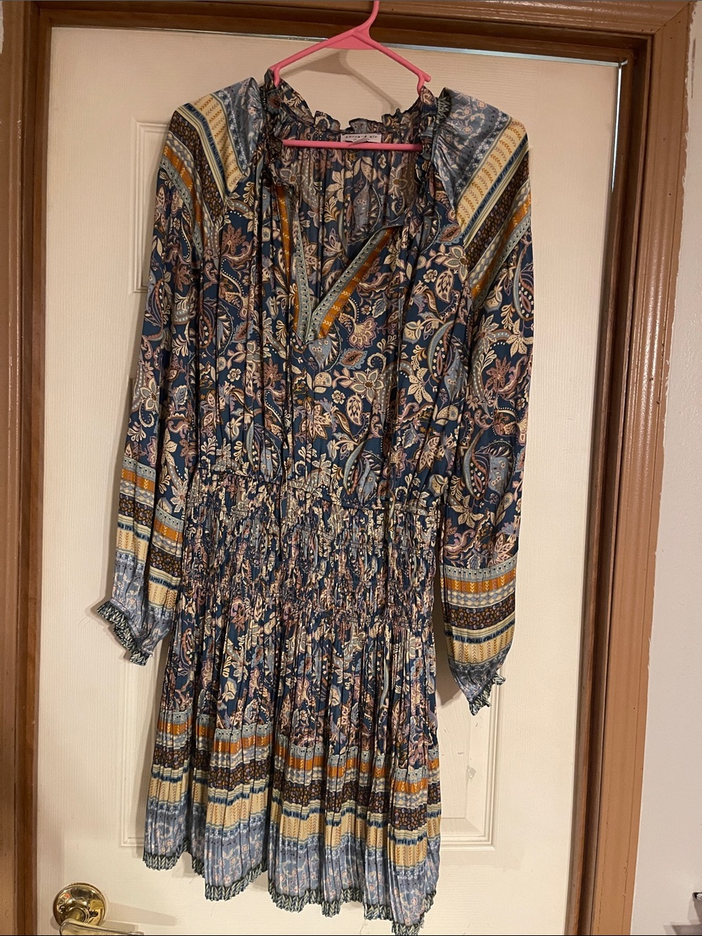 Current Air Blue Multi Long-Sleeve Smocked Waist Dress